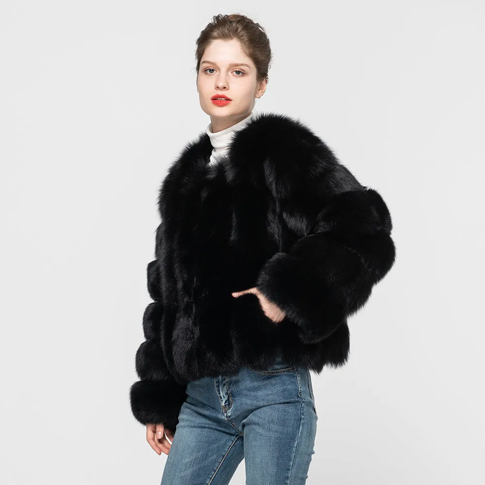 Women Real Fox Fur Coat Warm Winter Jacket Black Fur Outerwear