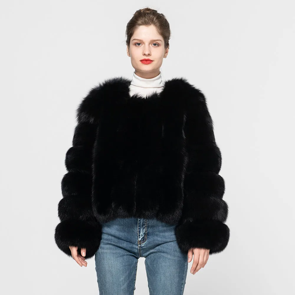 Women Real Fox Fur Coat Warm Winter Jacket Black Fur Outerwear