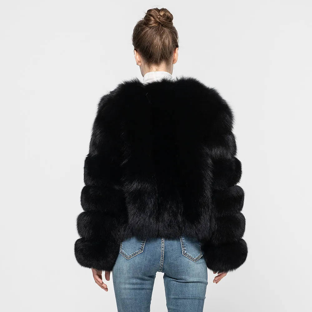 Women Real Fox Fur Coat Warm Winter Jacket Black Fur Outerwear