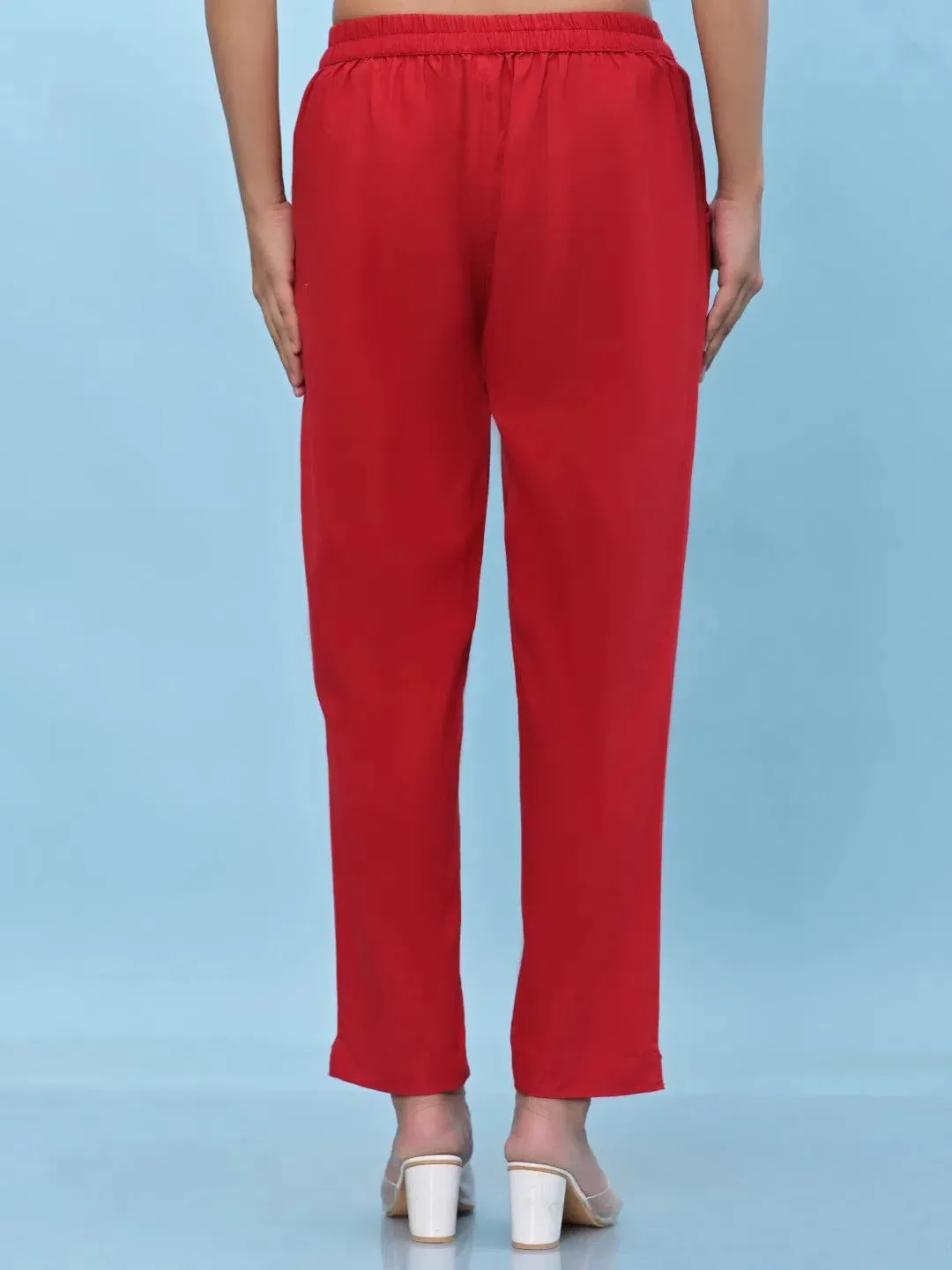 Women Red Solid Cotton Pants with Partially Elasticated Waistband and Two Side Pockets-J4953OT9RED