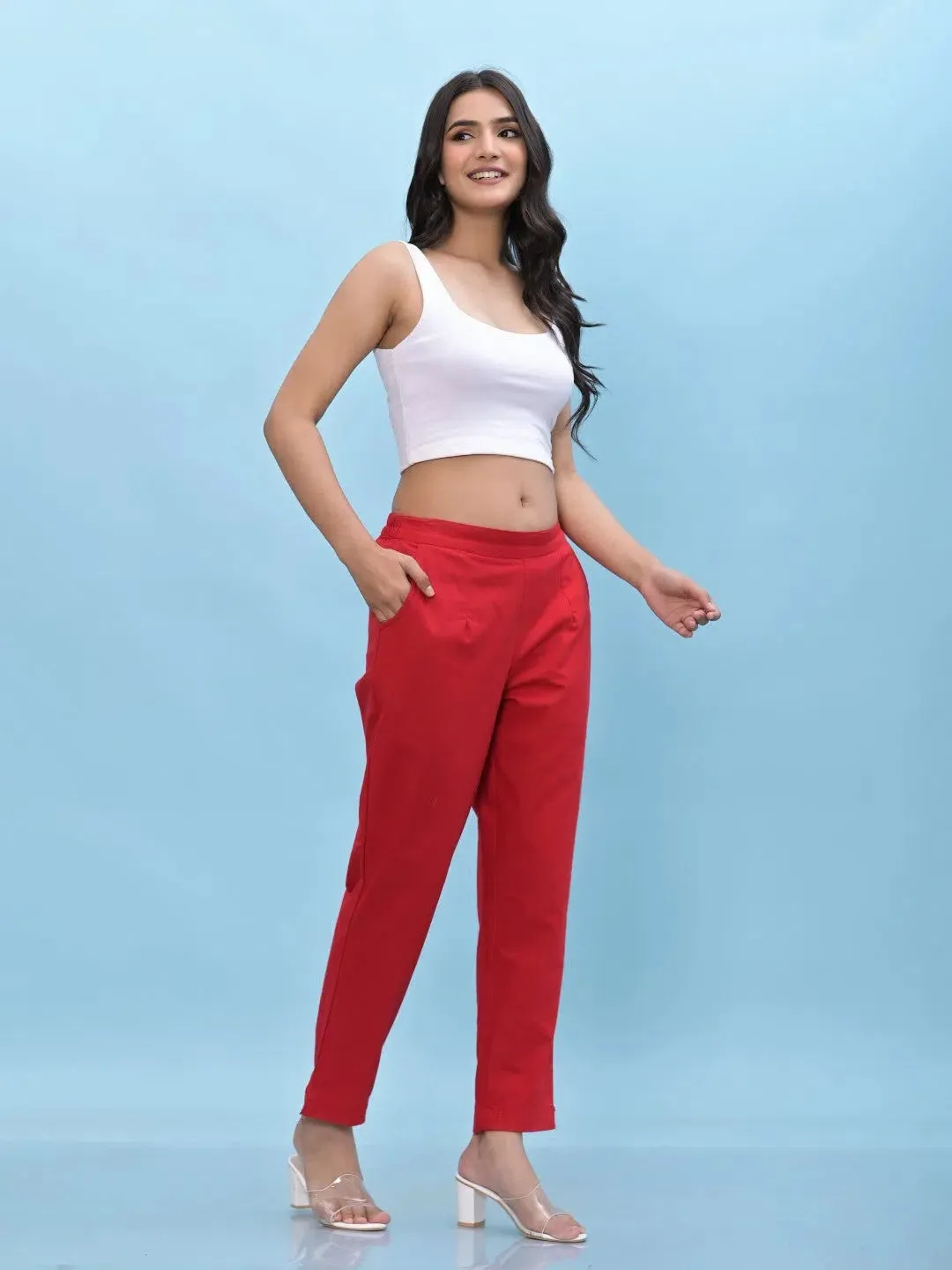 Women Red Solid Cotton Pants with Partially Elasticated Waistband and Two Side Pockets-J4953OT9RED