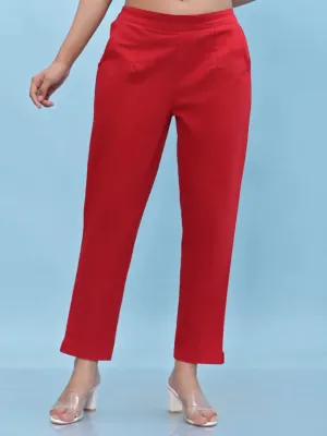 Women Red Solid Cotton Pants with Partially Elasticated Waistband and Two Side Pockets-J4953OT9RED
