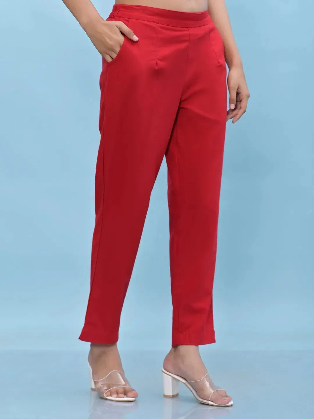 Women Red Solid Cotton Pants with Partially Elasticated Waistband and Two Side Pockets-J4953OT9RED