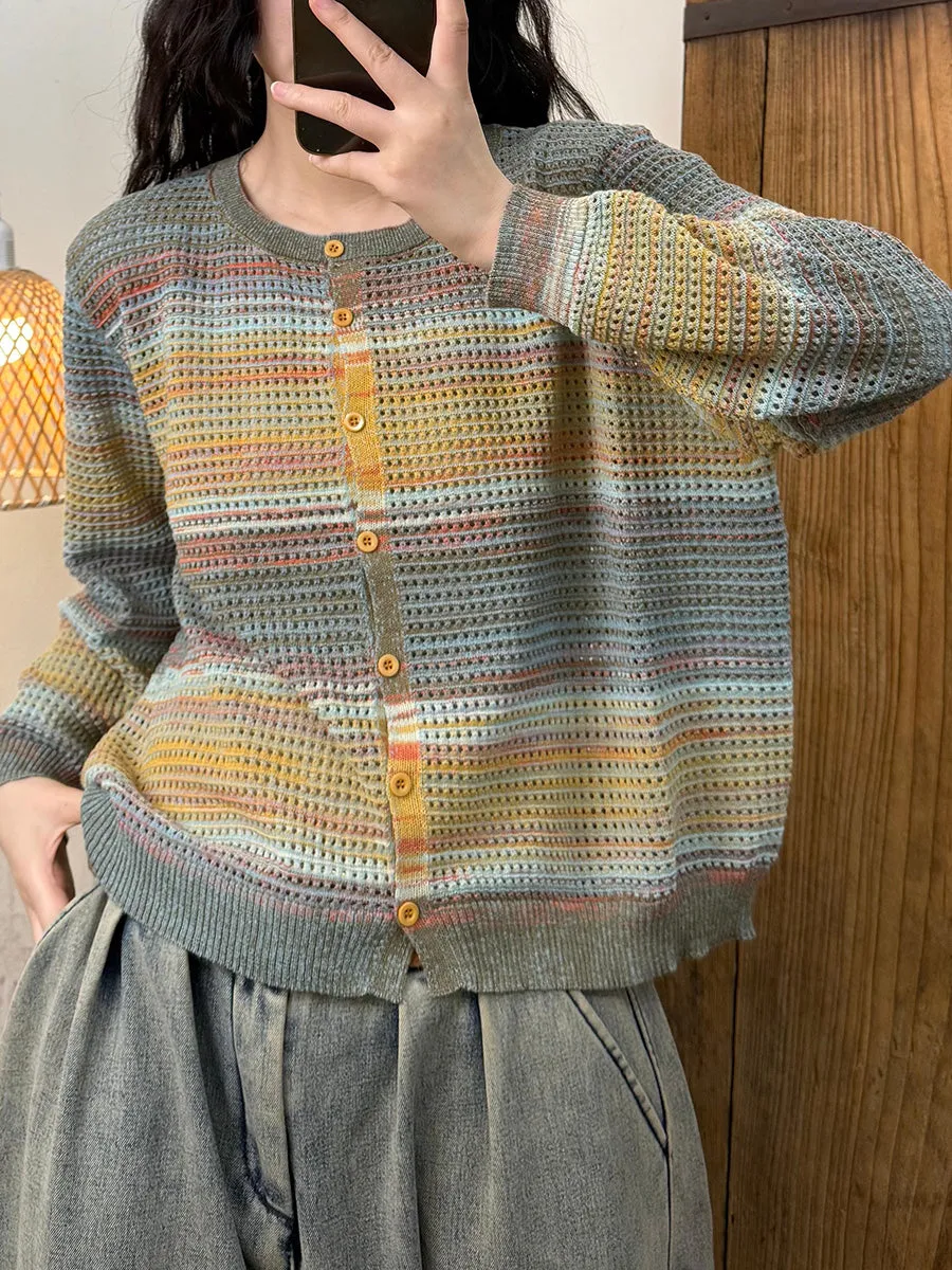 Women Spring Casual Colorblock Weave Cardigan Shirt