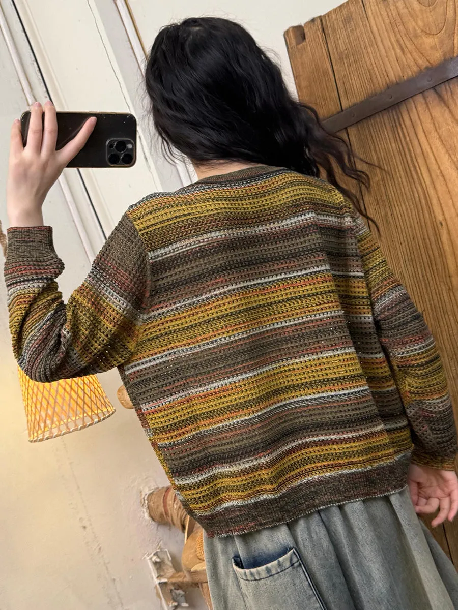 Women Spring Casual Colorblock Weave Cardigan Shirt