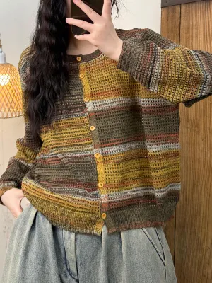 Women Spring Casual Colorblock Weave Cardigan Shirt