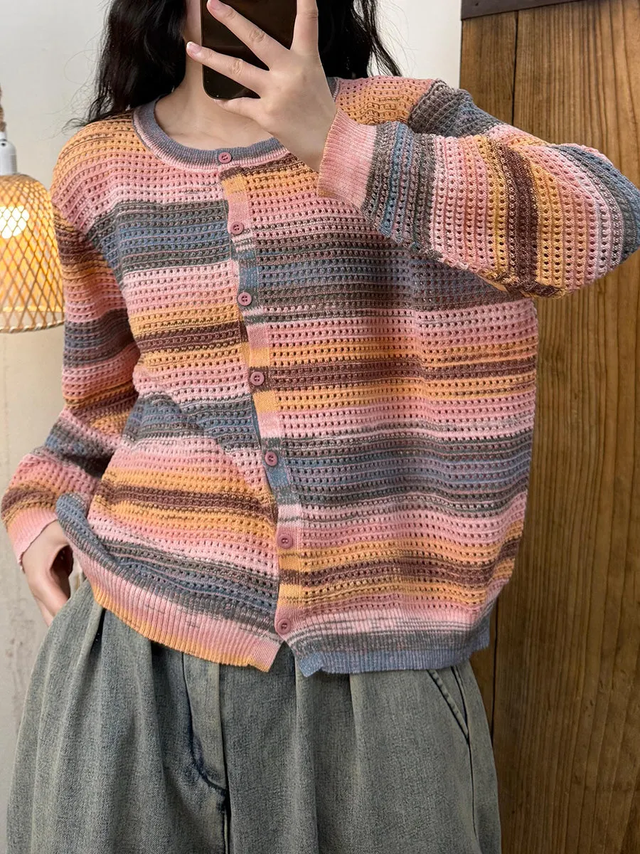 Women Spring Casual Colorblock Weave Cardigan Shirt