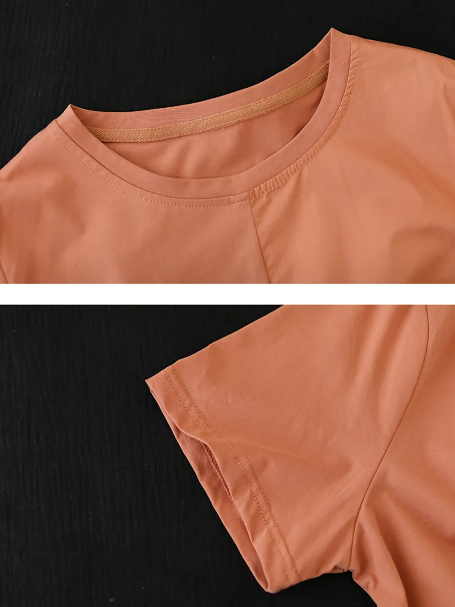 Women Summer Casual Pure Color O-Neck Cotton Shirt