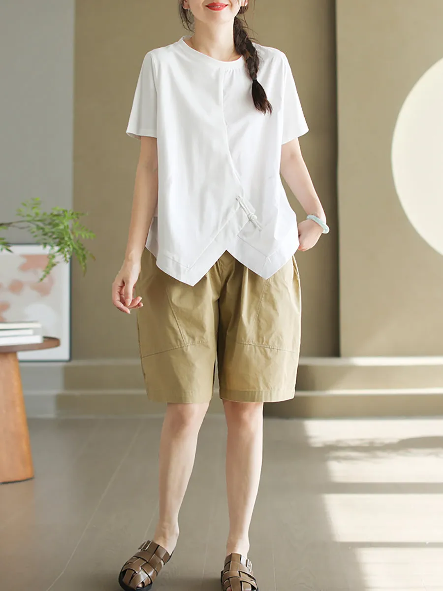 Women Summer Casual Pure Color O-Neck Cotton Shirt