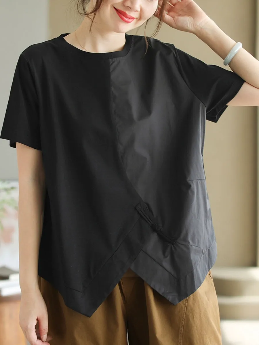 Women Summer Casual Pure Color O-Neck Cotton Shirt