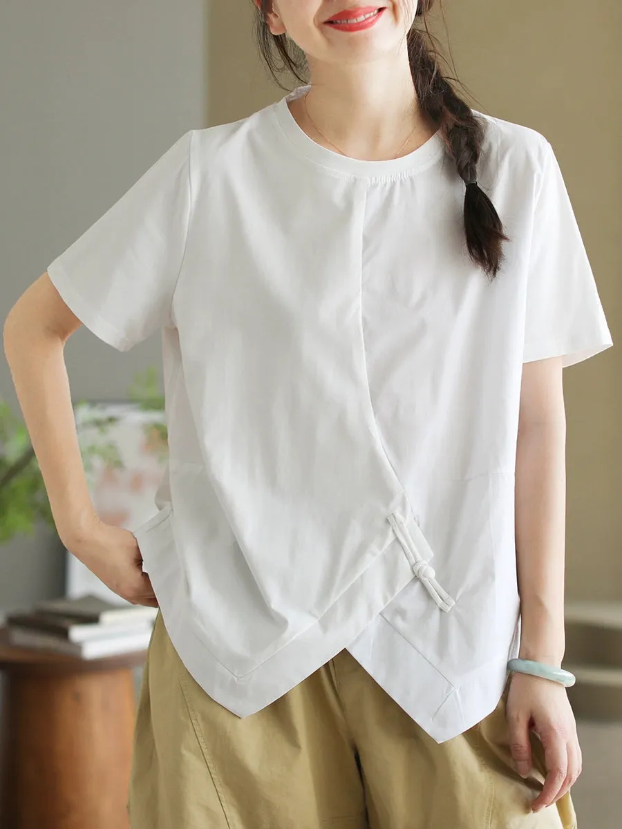 Women Summer Casual Pure Color O-Neck Cotton Shirt