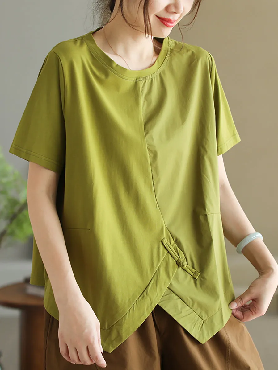 Women Summer Casual Pure Color O-Neck Cotton Shirt