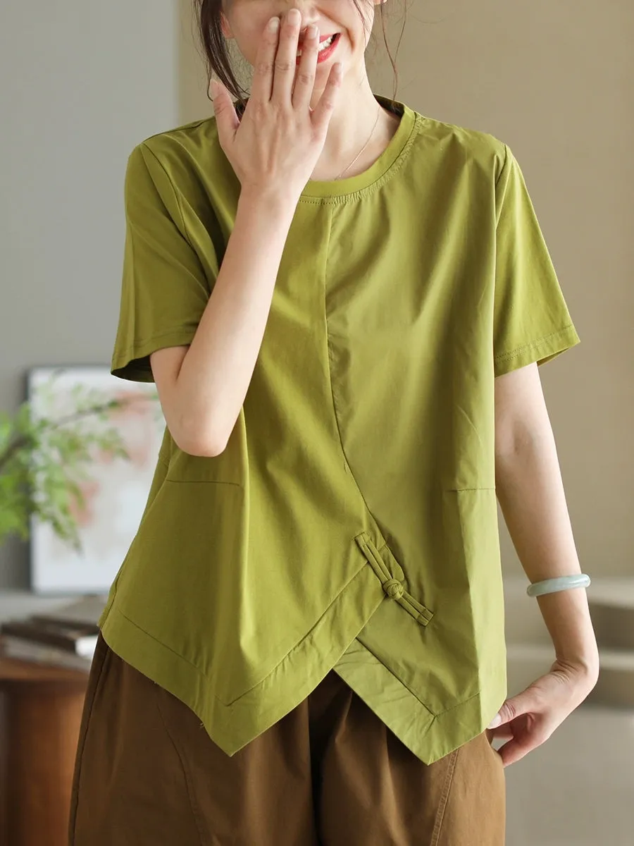 Women Summer Casual Pure Color O-Neck Cotton Shirt