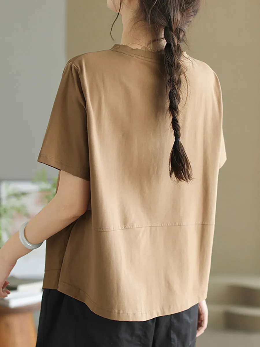 Women Summer Casual Pure Color O-Neck Cotton Shirt