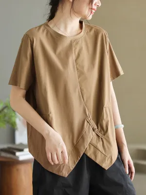 Women Summer Casual Pure Color O-Neck Cotton Shirt