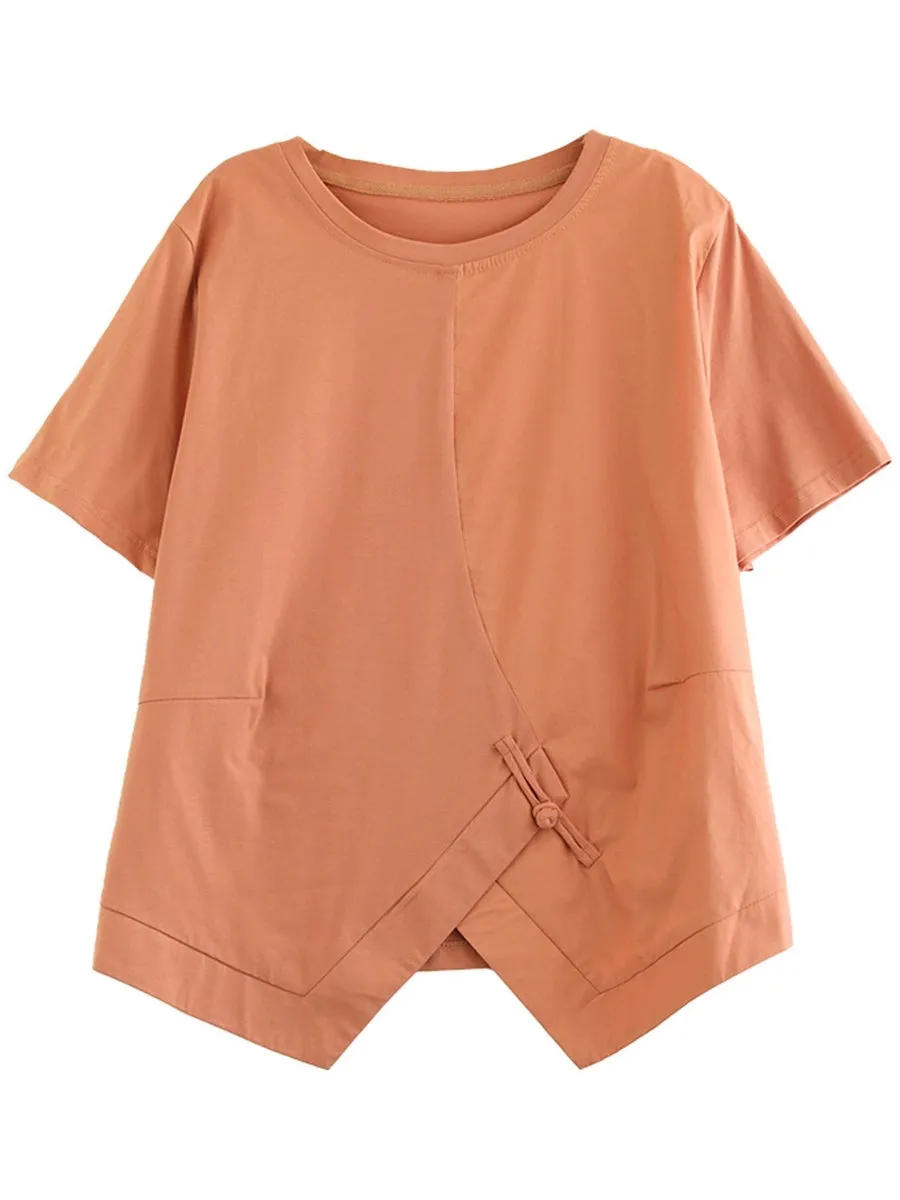Women Summer Casual Pure Color O-Neck Cotton Shirt