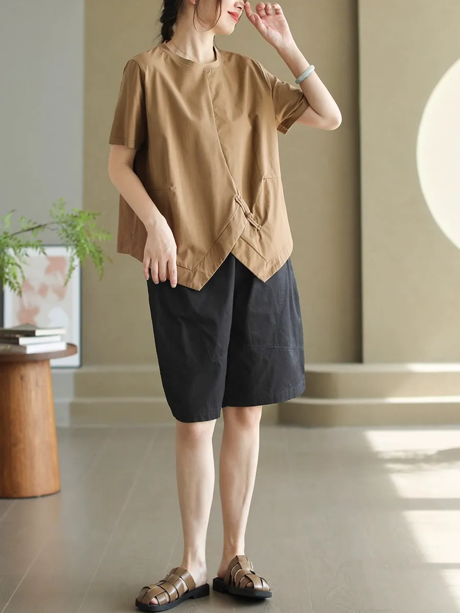 Women Summer Casual Pure Color O-Neck Cotton Shirt