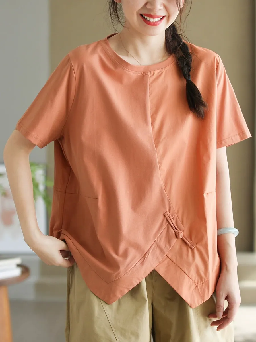 Women Summer Casual Pure Color O-Neck Cotton Shirt