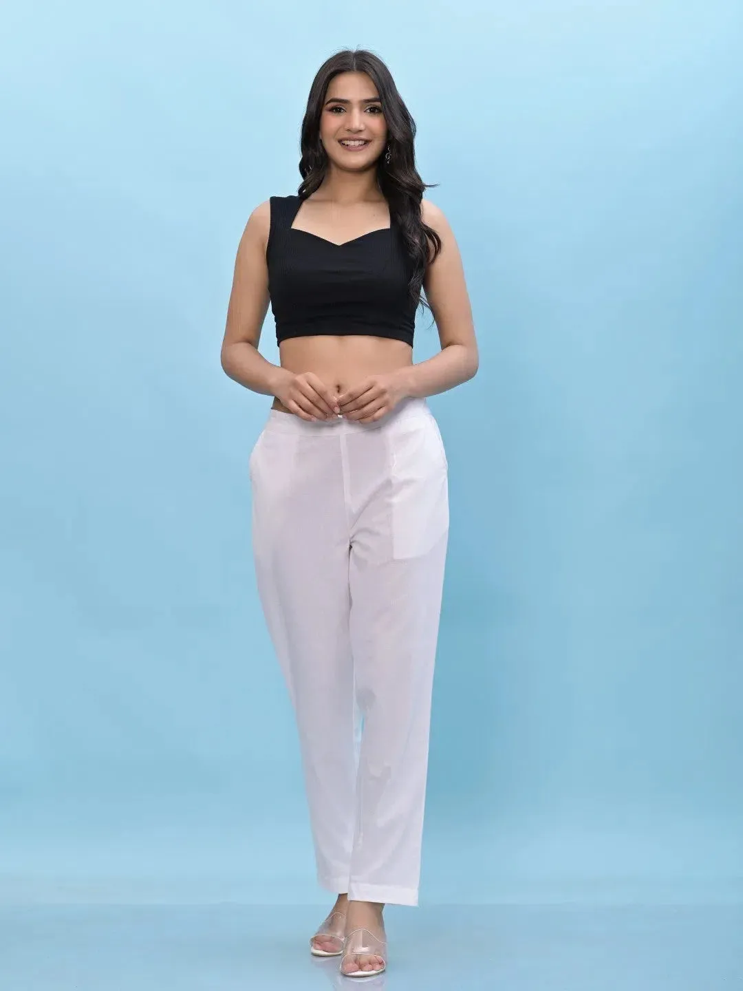 Women White Solid Cotton Pants with Partially Elasticated Waistband and Two Side Pockets-J4947OT9WHITE