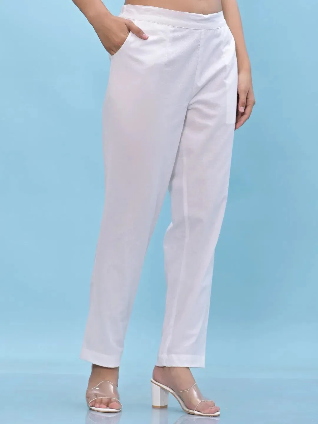 Women White Solid Cotton Pants with Partially Elasticated Waistband and Two Side Pockets-J4947OT9WHITE