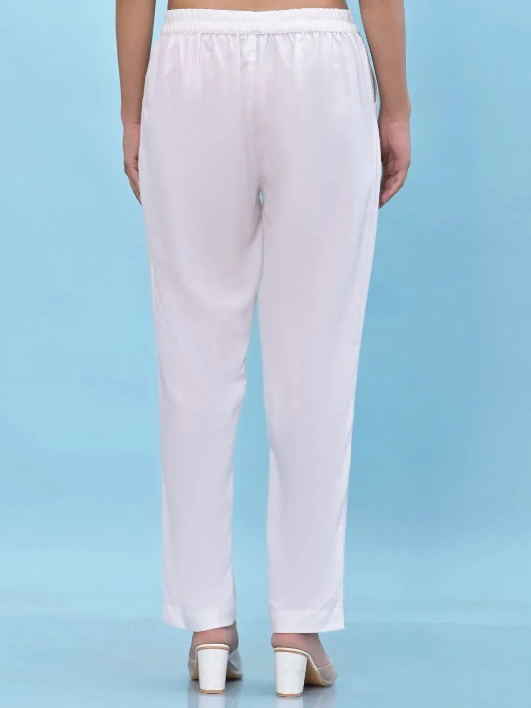 Women White Solid Cotton Pants with Partially Elasticated Waistband and Two Side Pockets-J4947OT9WHITE