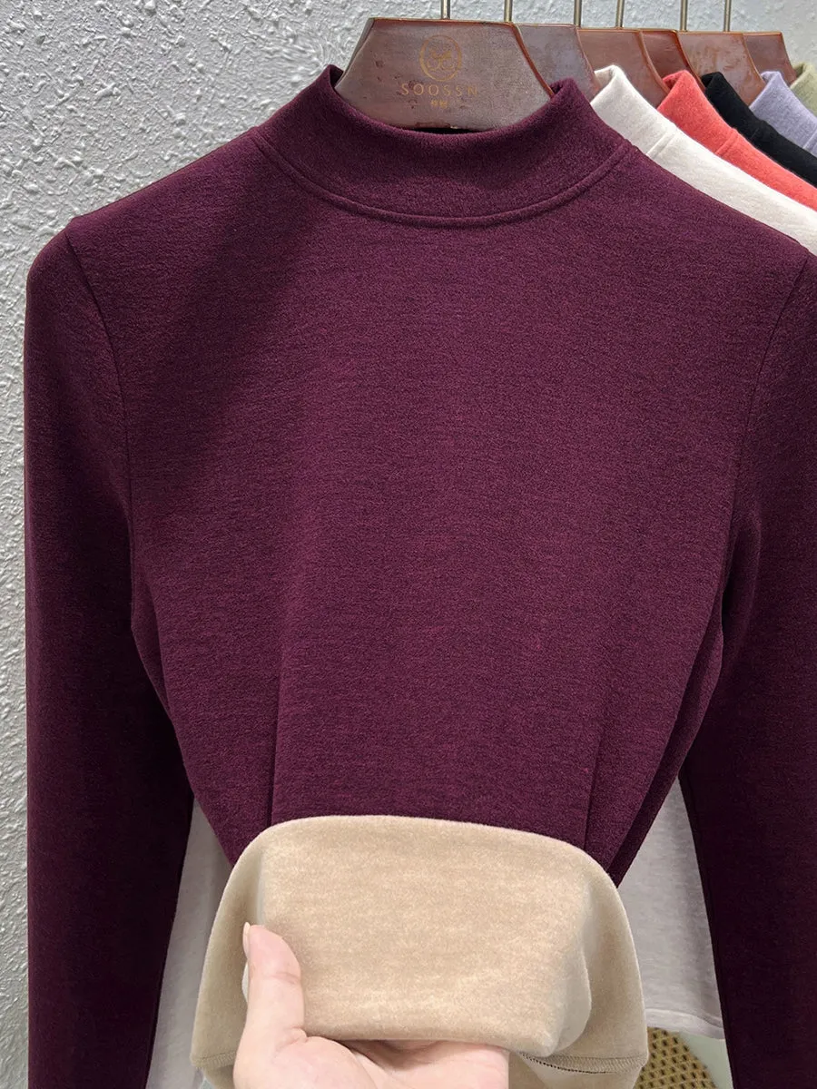 Women Winter Casual Pure Color Stand Collar Bottom Blouse
