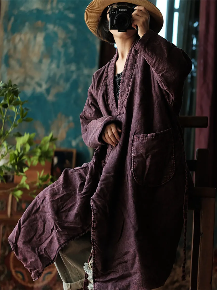 Women Worn Washed Ethnic Drawstring Linen Padded Coat
