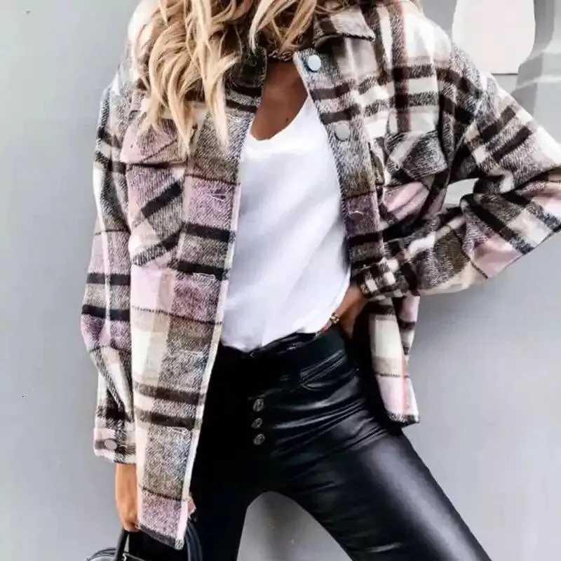 Women's Blouses Shirts Women Shirt Long Sleeve Pocket Loose Grid Button Blouse Ladies Autumn Winter Cotton Lapel Casual Shirt MidLength Female Jacket 221124