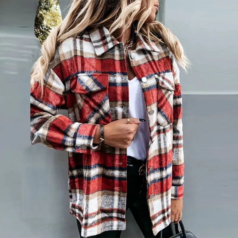 Women's Blouses Shirts Women Shirt Long Sleeve Pocket Loose Grid Button Blouse Ladies Autumn Winter Cotton Lapel Casual Shirt MidLength Female Jacket 221124