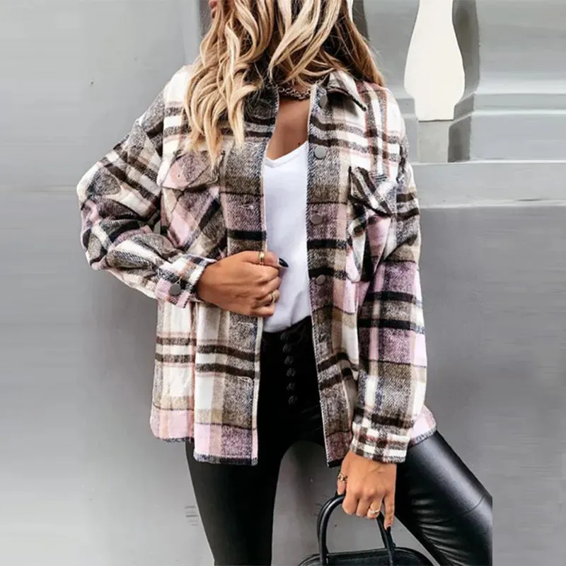 Women's Blouses Shirts Women Shirt Long Sleeve Pocket Loose Grid Button Blouse Ladies Autumn Winter Cotton Lapel Casual Shirt MidLength Female Jacket 221124