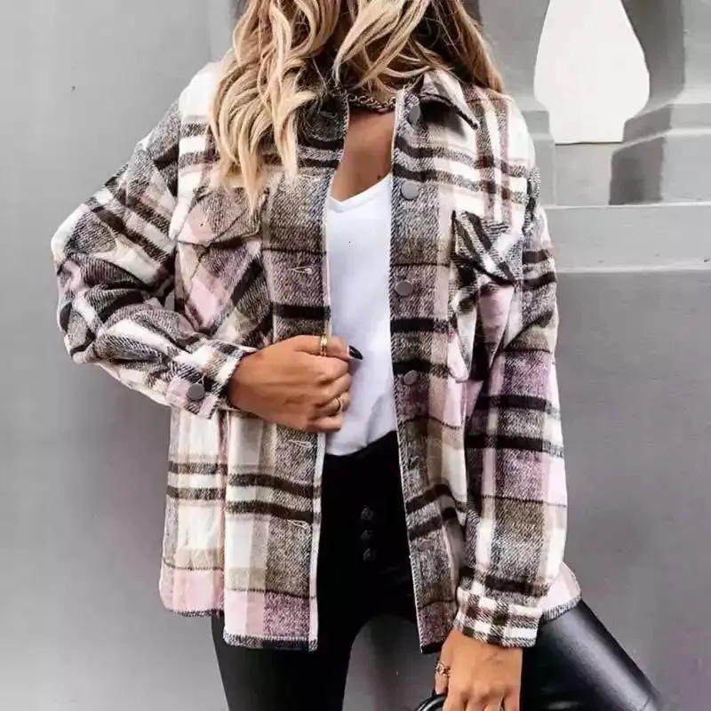 Women's Blouses Shirts Women Shirt Long Sleeve Pocket Loose Grid Button Blouse Ladies Autumn Winter Cotton Lapel Casual Shirt MidLength Female Jacket 221124