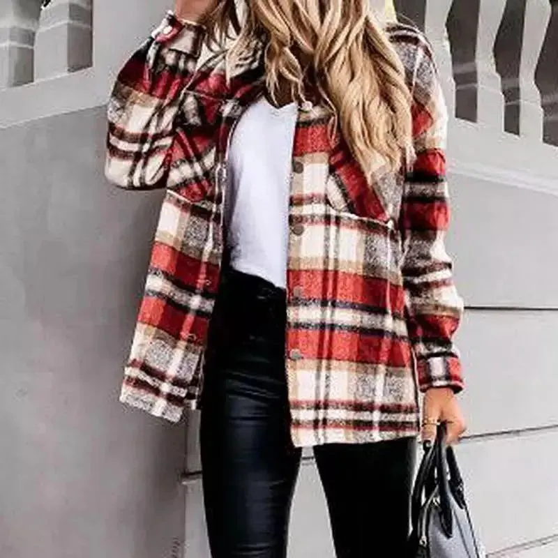 Women's Blouses Shirts Women Shirt Long Sleeve Pocket Loose Grid Button Blouse Ladies Autumn Winter Cotton Lapel Casual Shirt MidLength Female Jacket 221124