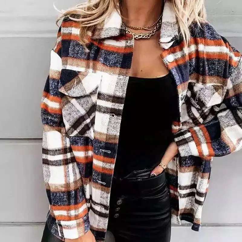 Women's Blouses Shirts Women Shirt Long Sleeve Pocket Loose Grid Button Blouse Ladies Autumn Winter Cotton Lapel Casual Shirt MidLength Female Jacket 221124