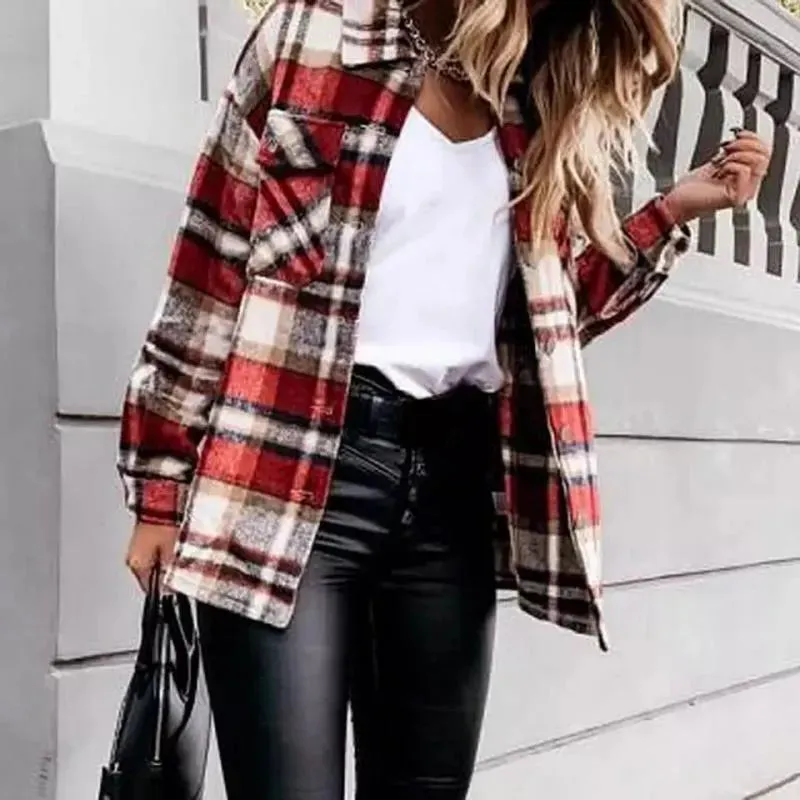 Women's Blouses Shirts Women Shirt Long Sleeve Pocket Loose Grid Button Blouse Ladies Autumn Winter Cotton Lapel Casual Shirt MidLength Female Jacket 221124