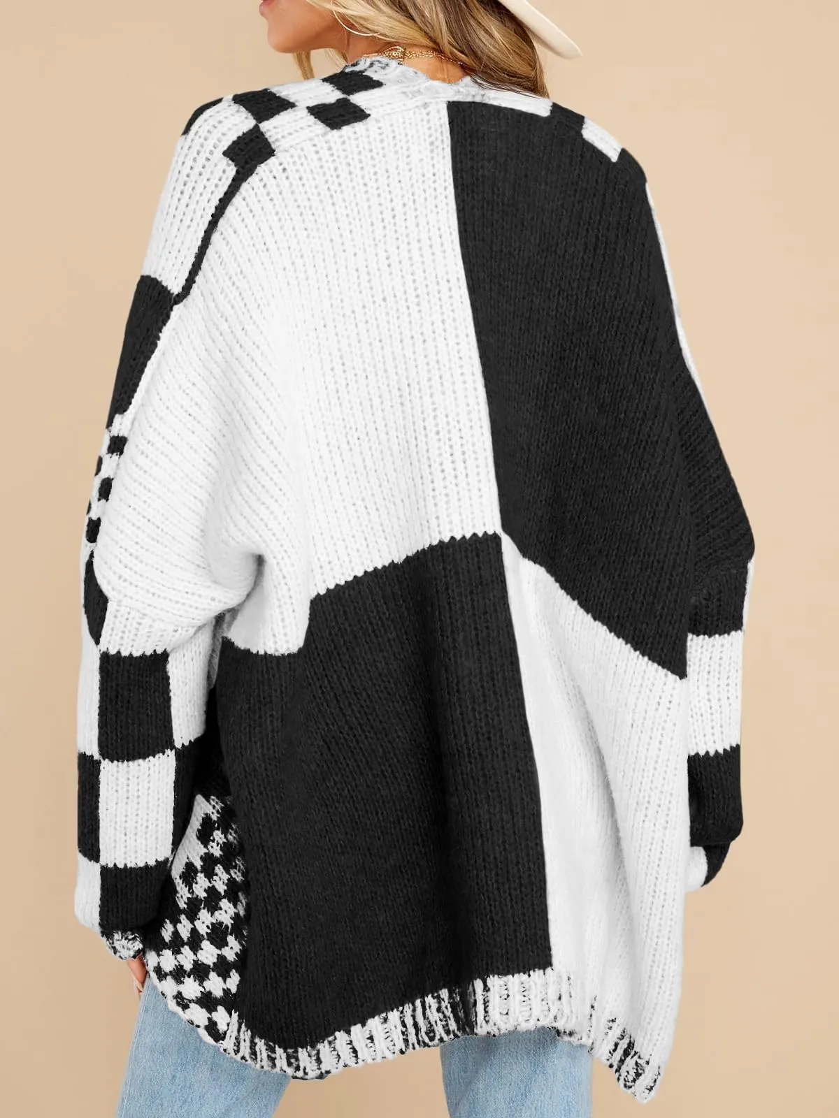 Womens Checkered Sweater Color Block Plaid Cardigans