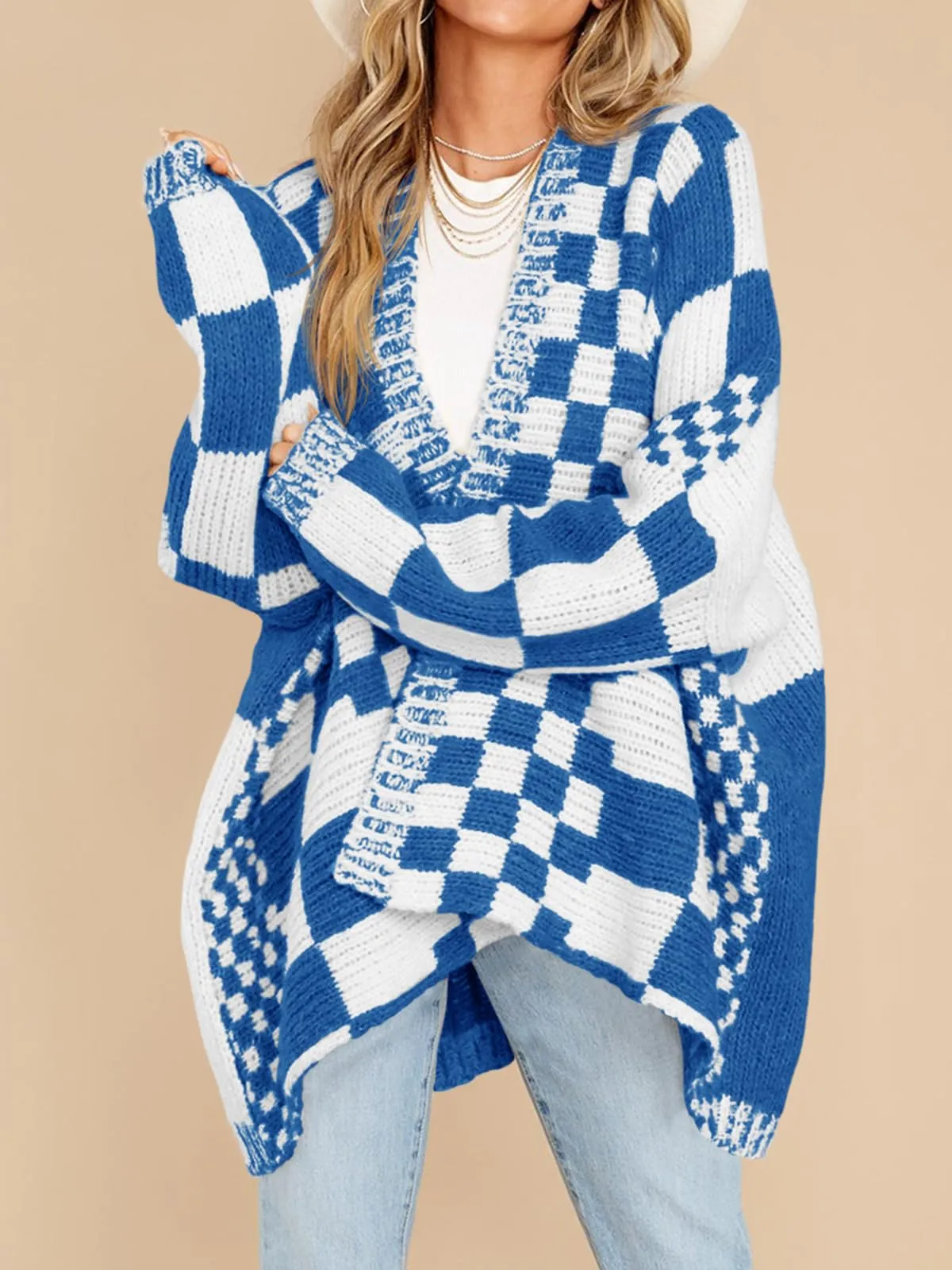 Womens Checkered Sweater Color Block Plaid Cardigans