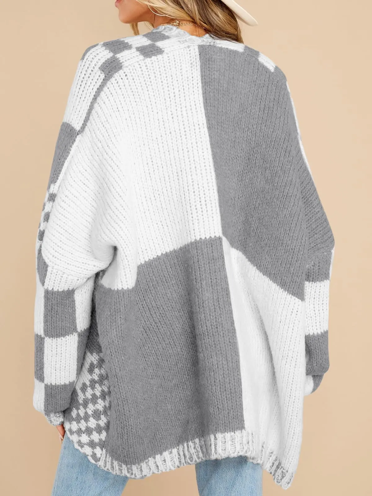 Womens Checkered Sweater Color Block Plaid Cardigans