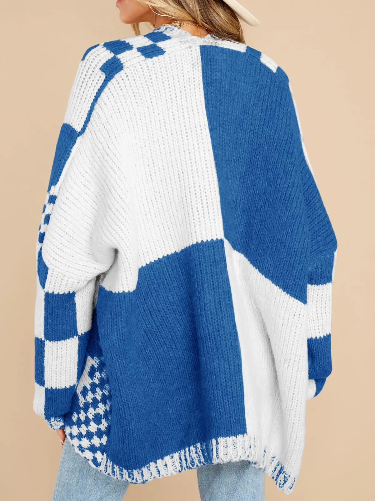 Womens Checkered Sweater Color Block Plaid Cardigans