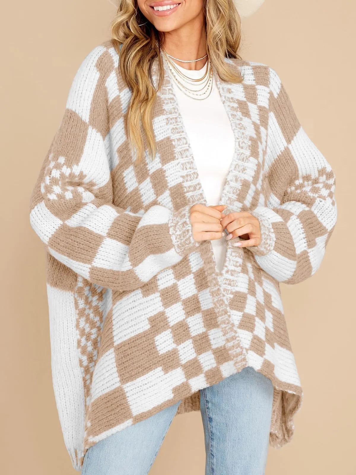 Womens Checkered Sweater Color Block Plaid Cardigans