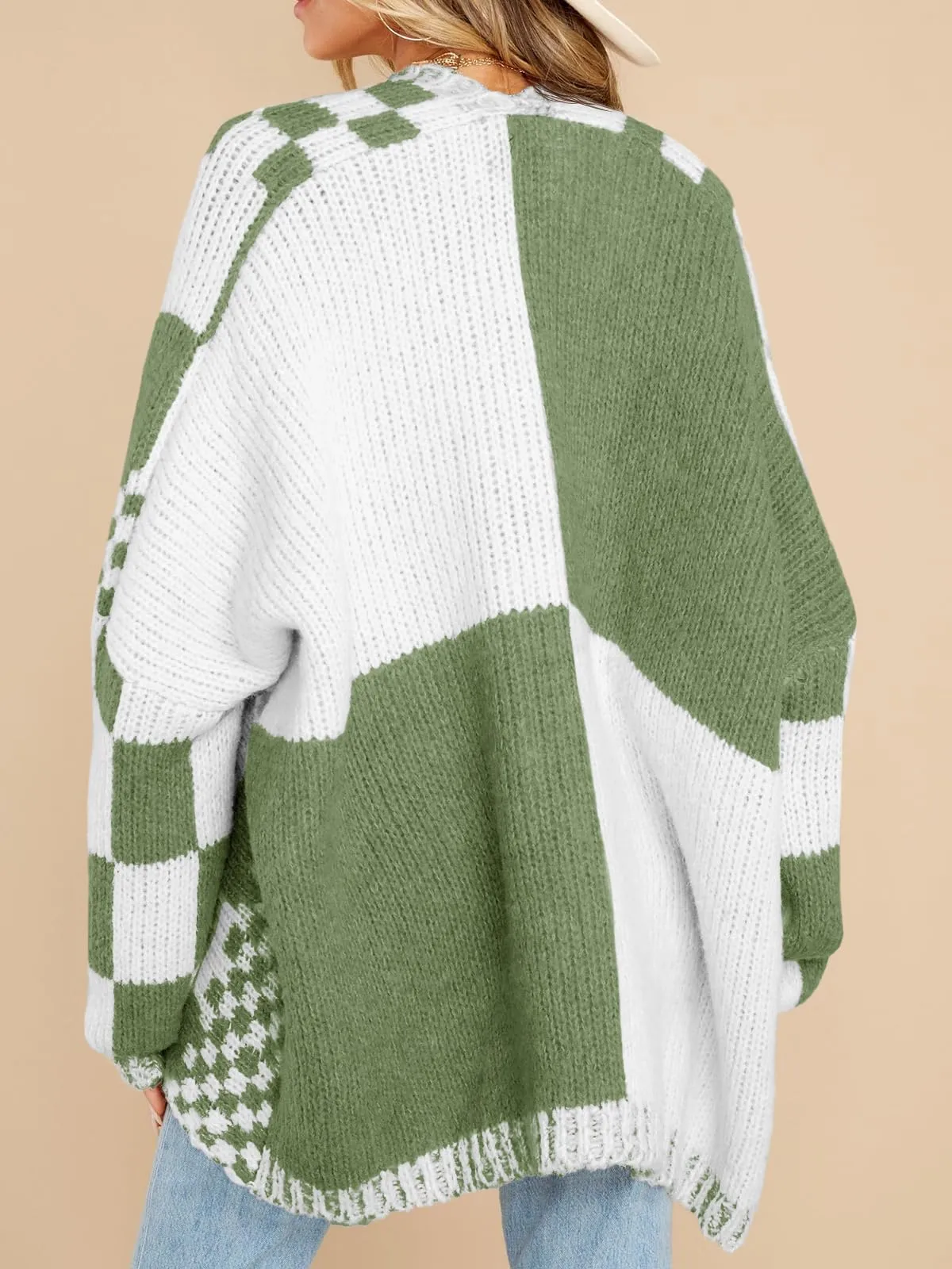 Womens Checkered Sweater Color Block Plaid Cardigans