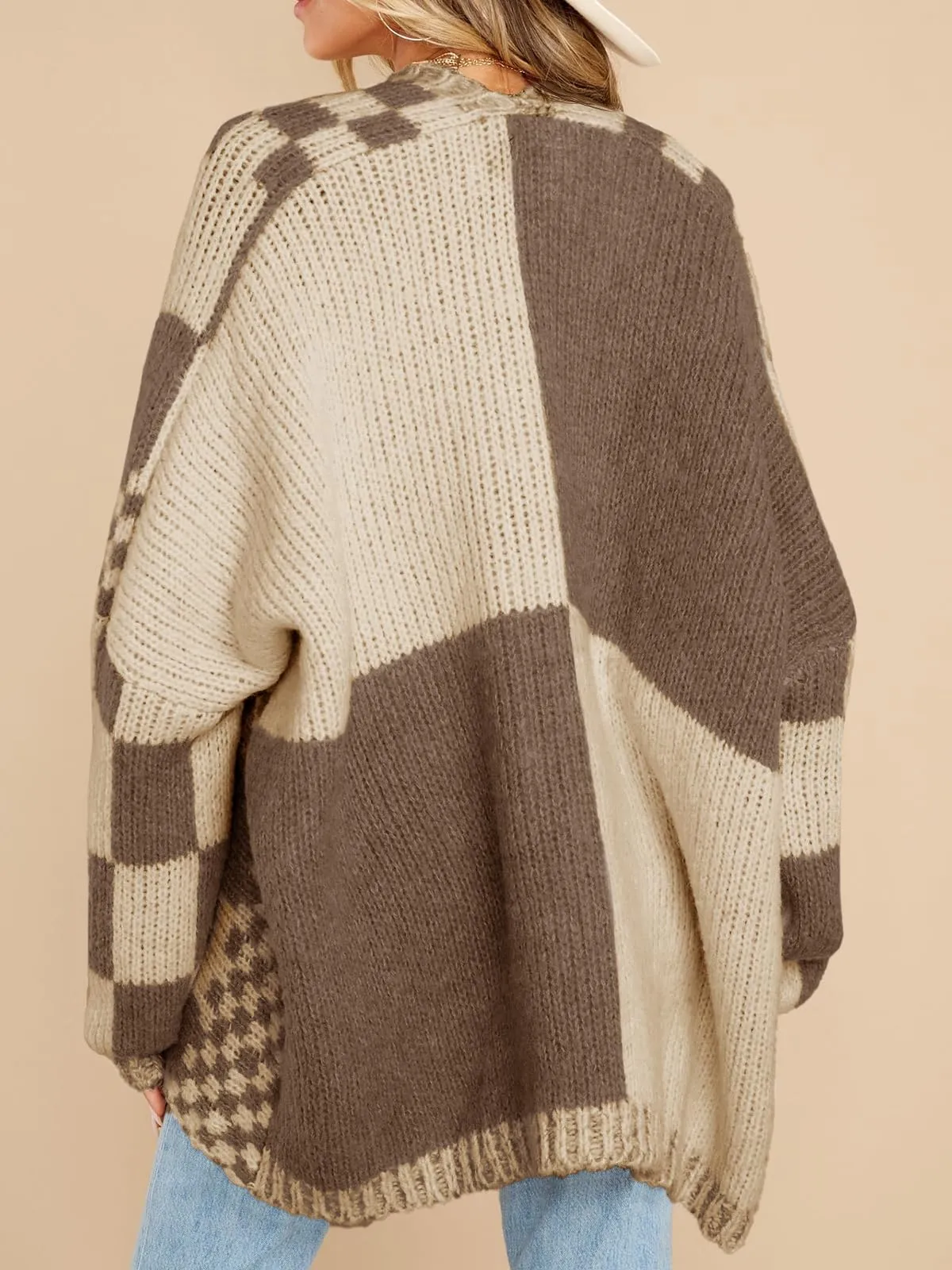 Womens Checkered Sweater Color Block Plaid Cardigans
