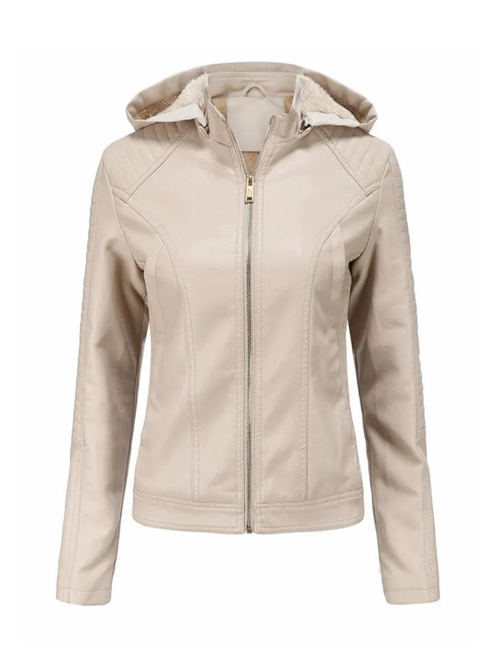Women's Cool Hooded PU Leather Jacket with Warm Lining