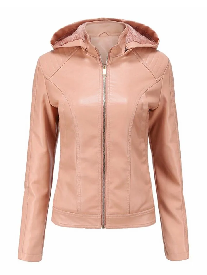 Women's Cool Hooded PU Leather Jacket with Warm Lining