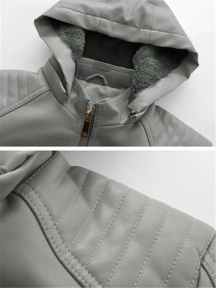Women's Cool Hooded PU Leather Jacket with Warm Lining