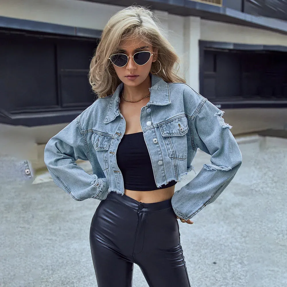 Women's Cropped Denim Bomber Jacket – Chic & Casual for All Seasons