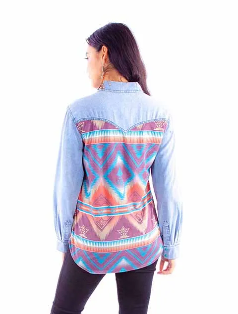 Women's Honey Creek Collection Blouse: Denim and Aztec Design