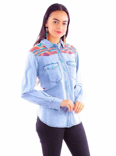 Women's Honey Creek Collection Blouse: Denim and Aztec Design
