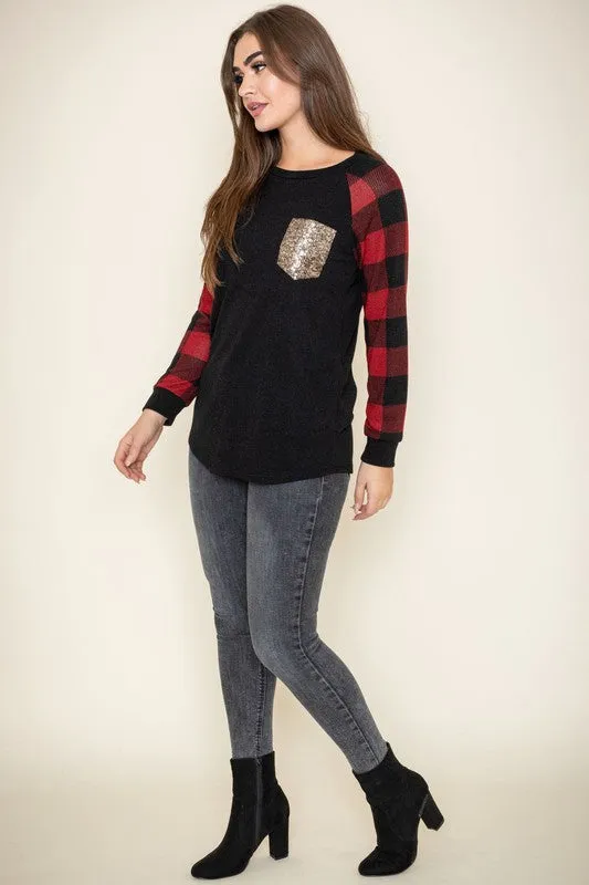 Women's Plus Size Checkered Sequin Pocket Tunic Shirt