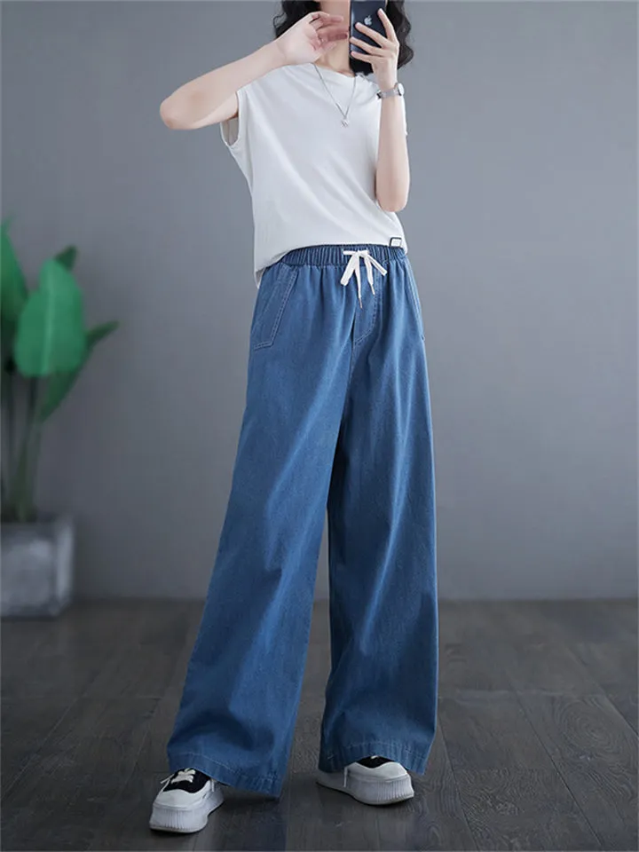 Women's Relaxed Solid Color Lace-Up Wide Leg Jeans