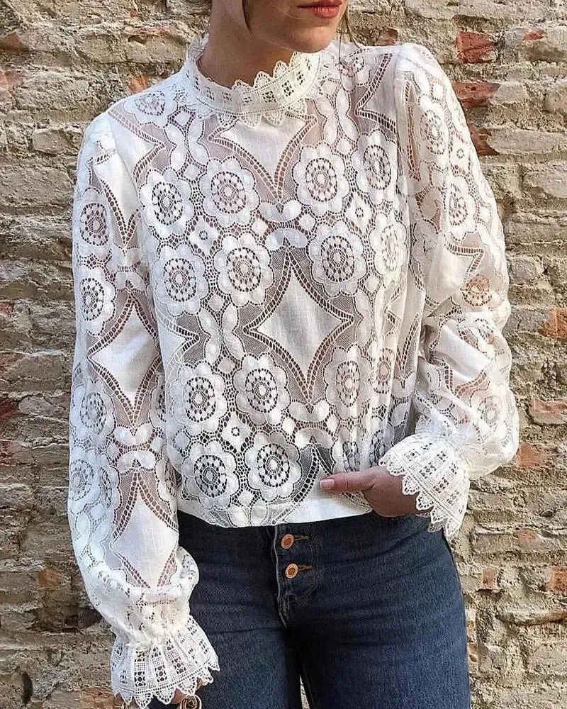 Xieyinshe - Casual Hollow Out Lace Long Sleeve Top